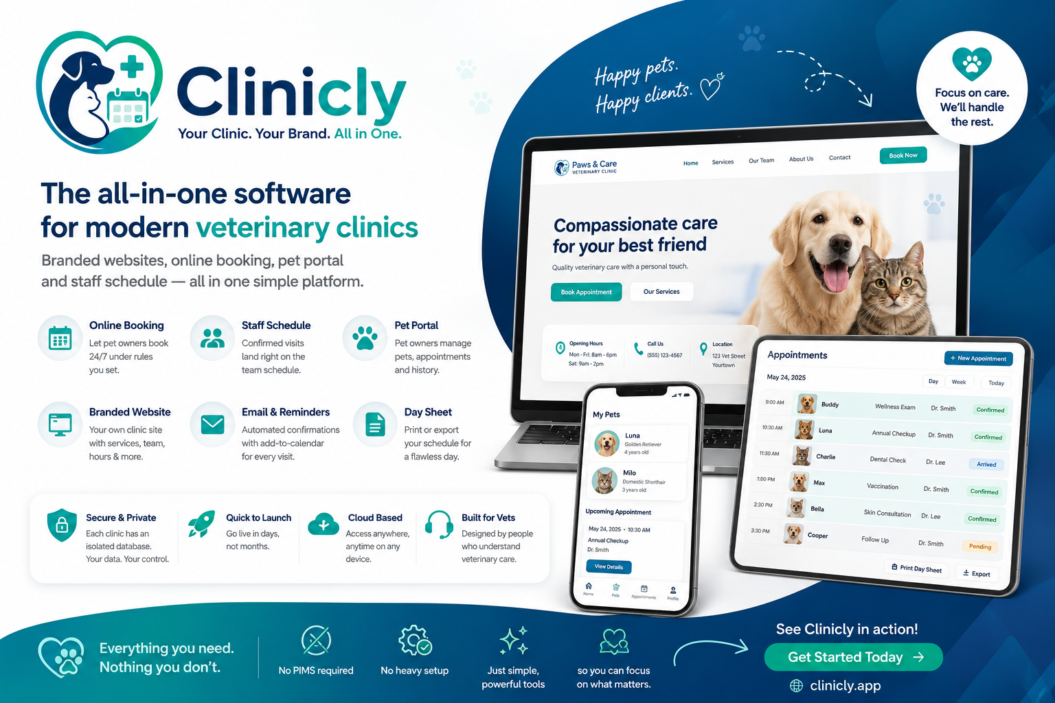 Clinicly veterinary clinic software — website, booking, pet portal, and schedule