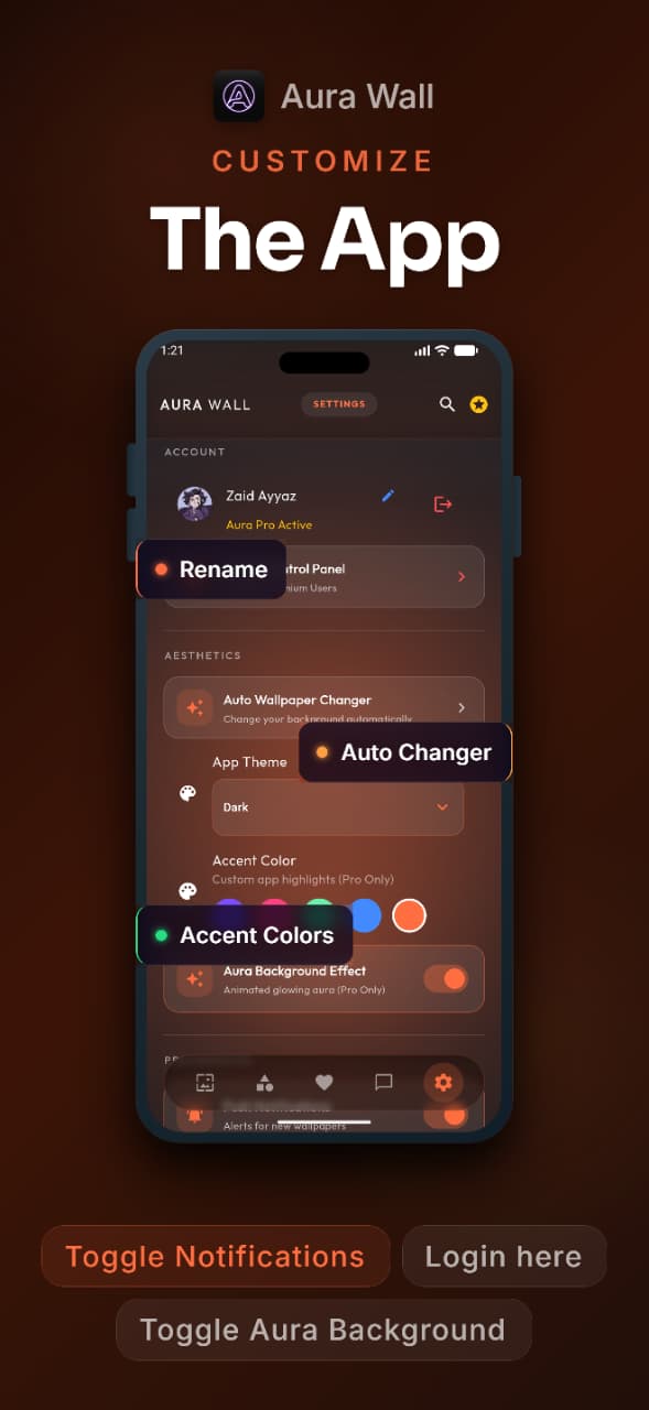 Aura Wall — Customize themes, accents and app settings